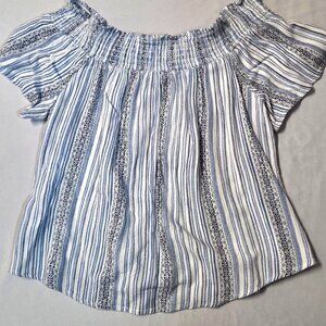 socialite womens small/medium blue/white striped off the shoulder, flowy y2k